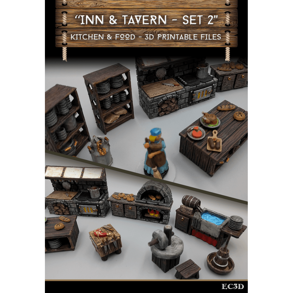 Предметы для гостиниц и таверн — Набор 2 — Кухня и еда — Игры 28 мм — Образцы предметов